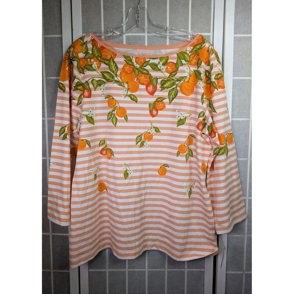 The Talbots Tee Womens Top XL Boat Neck Orange Stripe 3/4 Sleeves NWT 95% Cotton